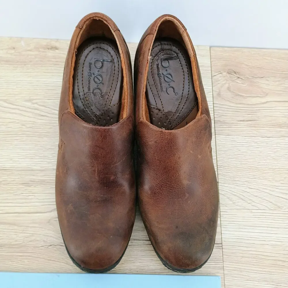 Boc Born Heeled Shoe Womens 8 Brown Leather Slip On Block Heel Comfort Shoes